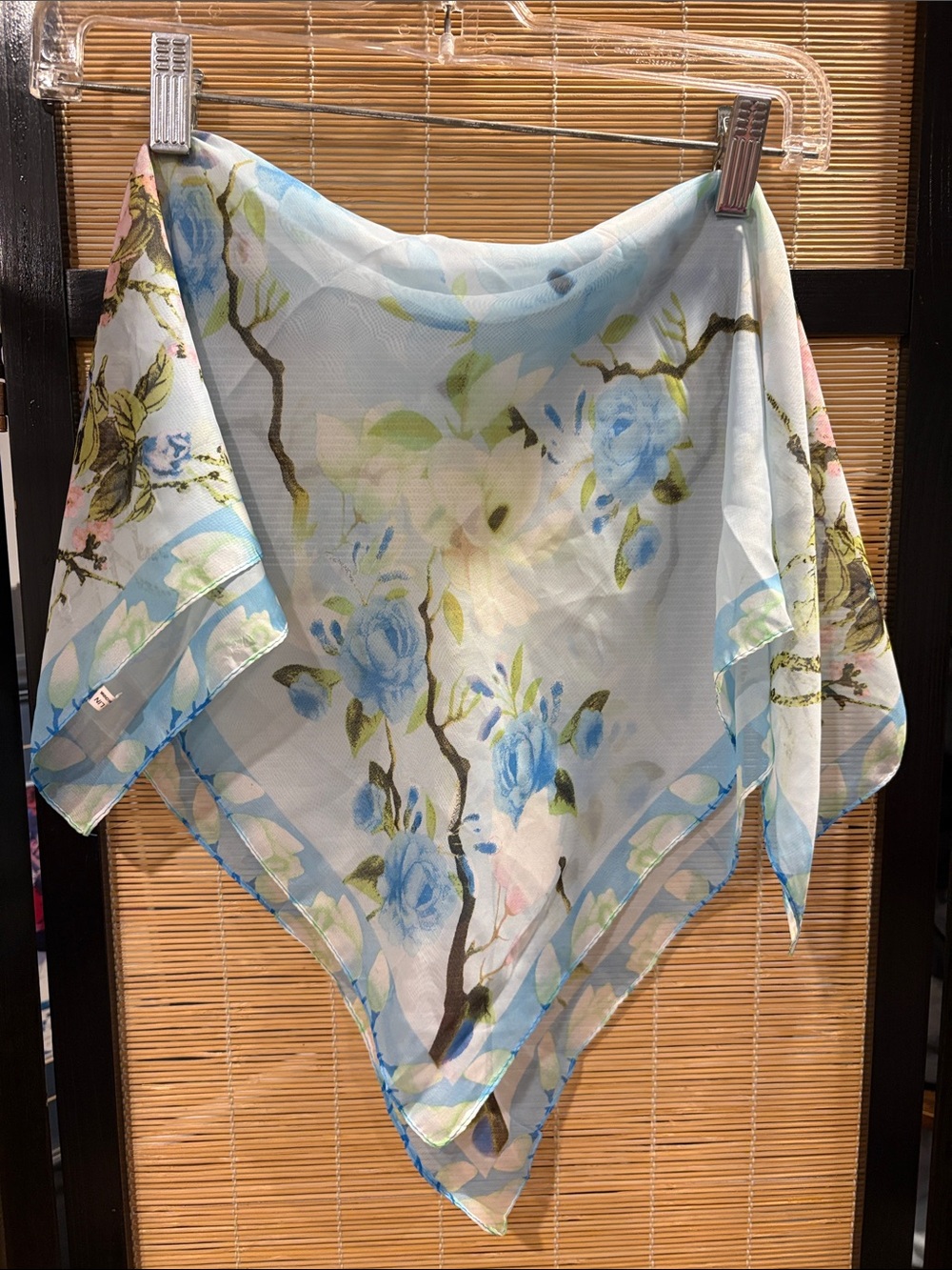 Blue Floral Sheer Scarf - Lightweight Home Dining Accent